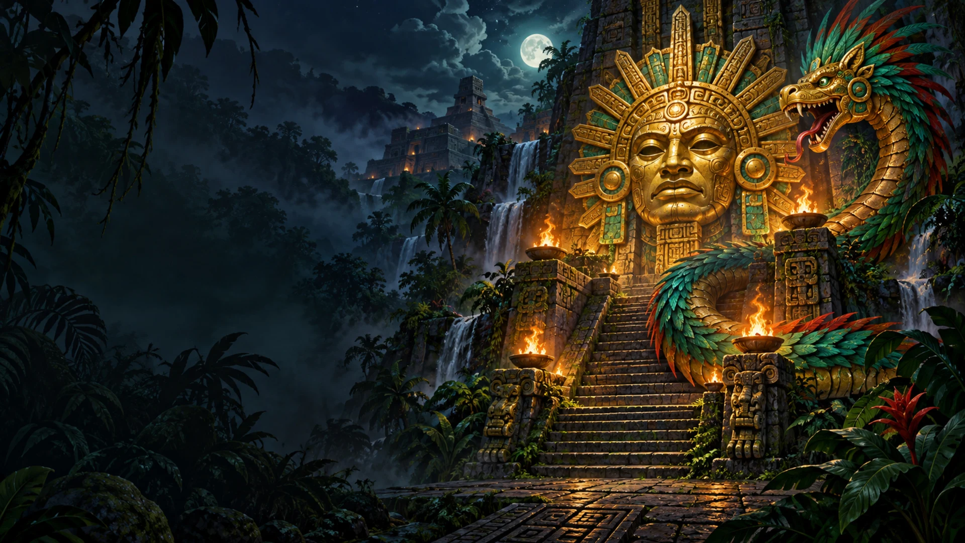 En spilleautomat med et aztekisk jungletempel som tema, omsluttet af sten og slyngplanter
