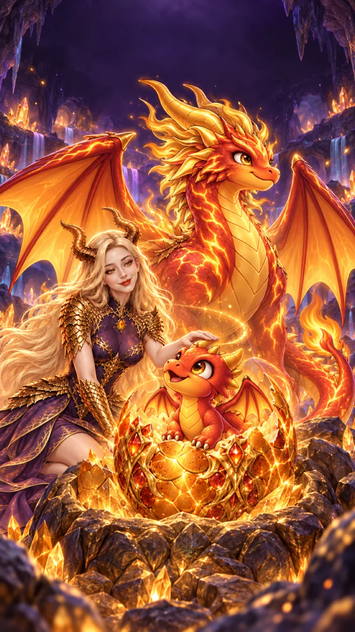 Auressa raising dragons in a crystal lair