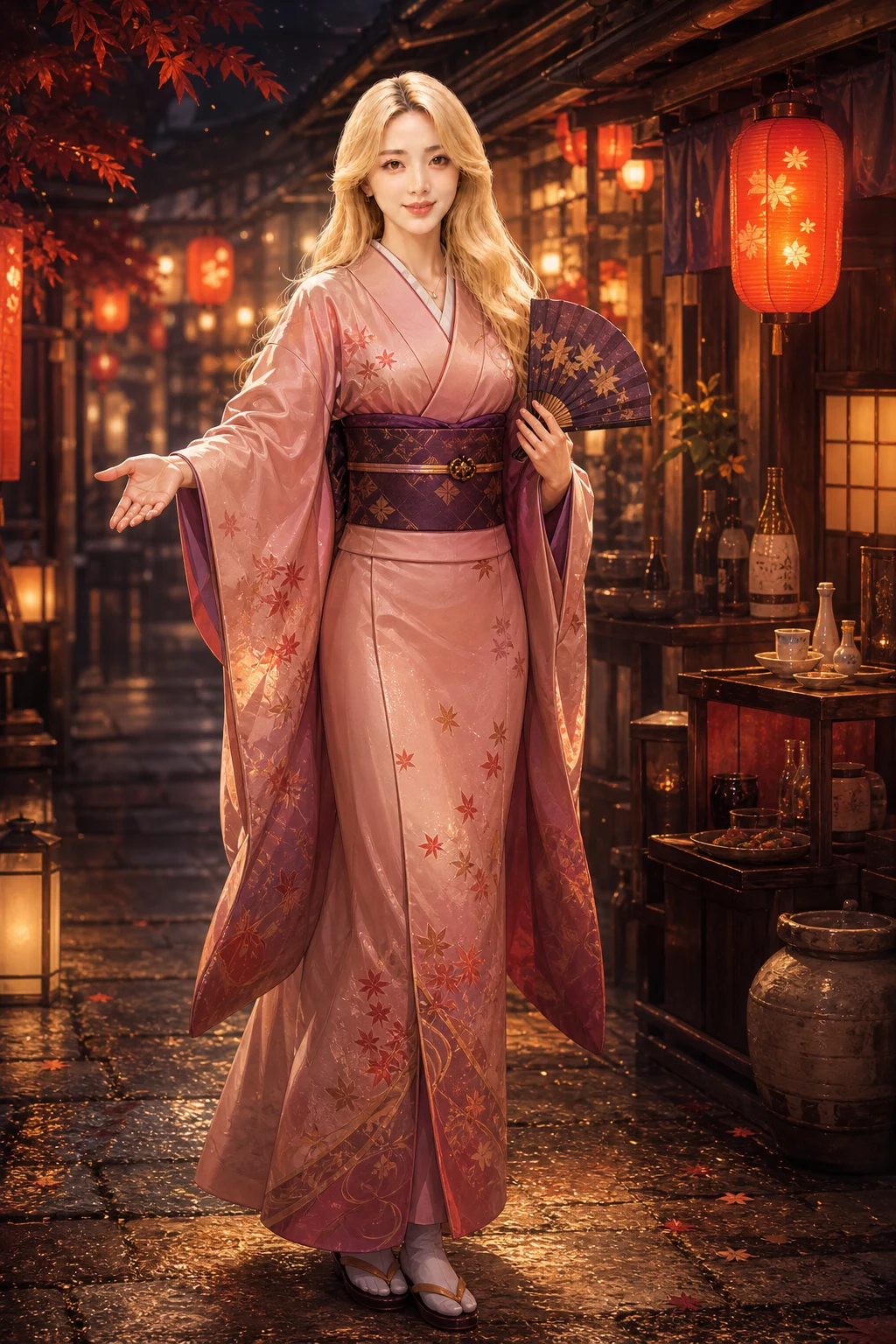 La Diosa con kimono rosa en una calle otoñal