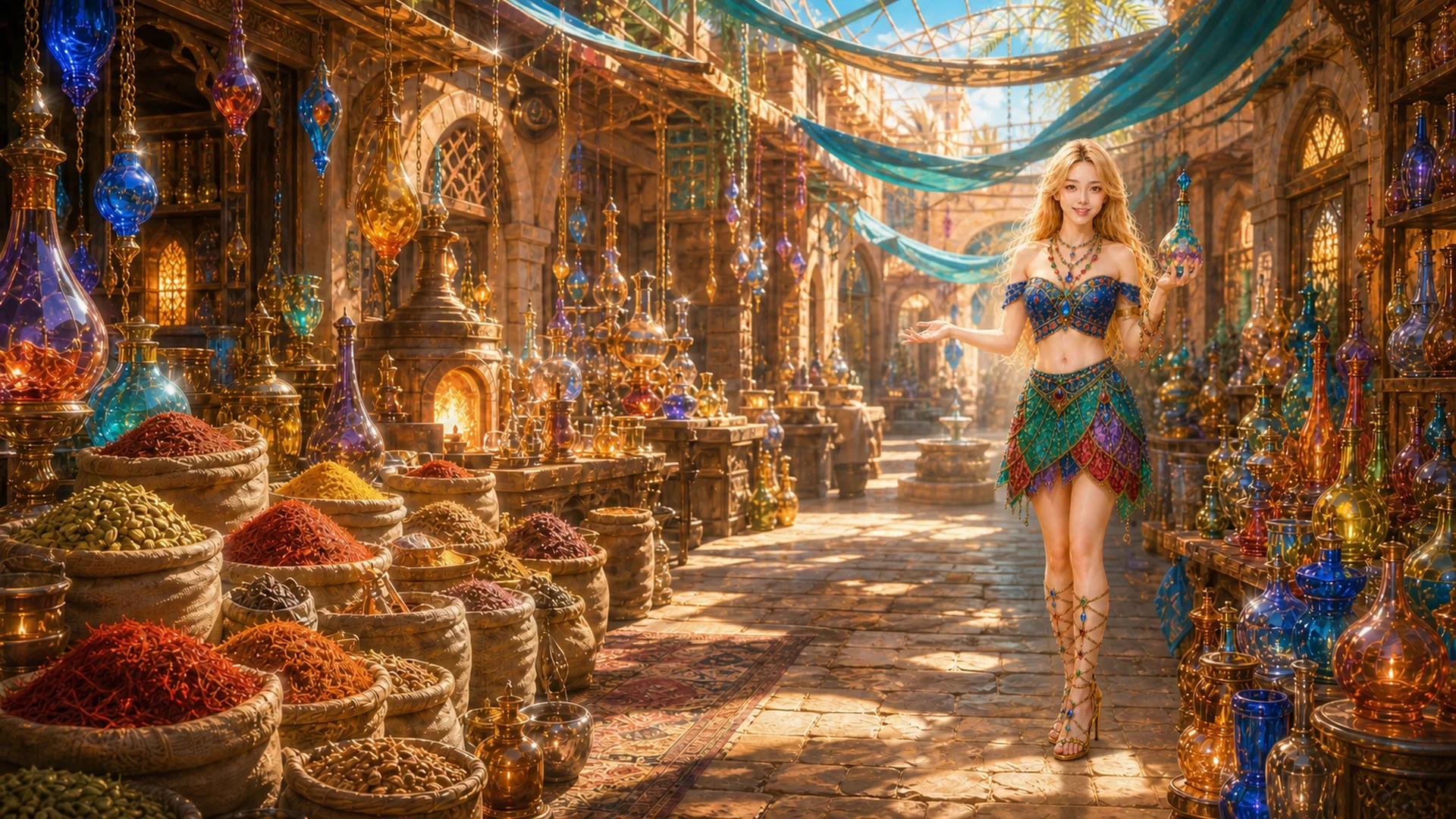 La Diosa recorre un mercado de especias y vidrio iluminado por el sol