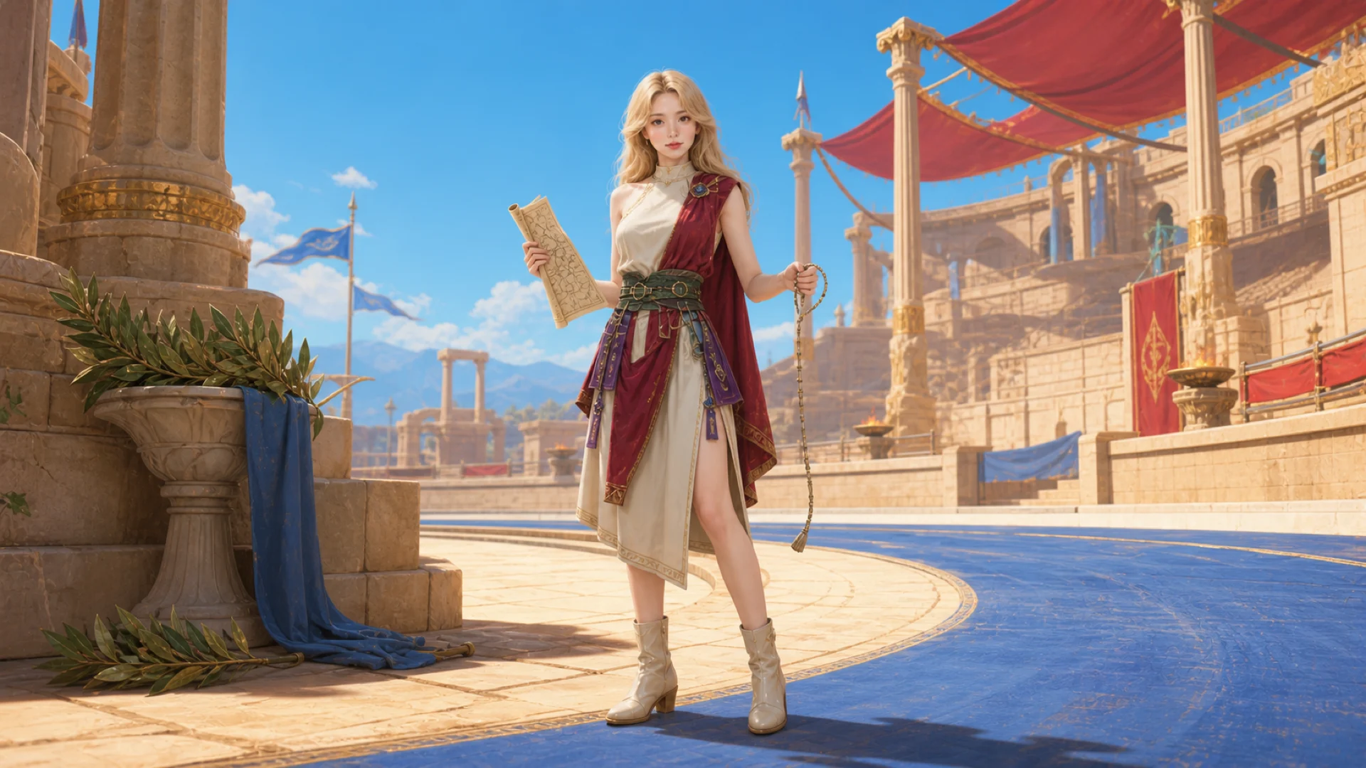 La Diosa recorre una arena soleada con un mapa
